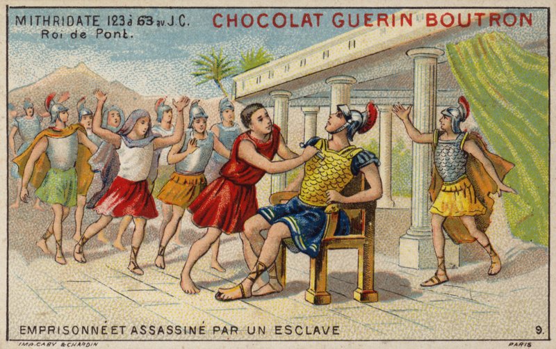 Mithridates VI af Pontus fængslet og myrdet af en slave (chromolitho) af French School