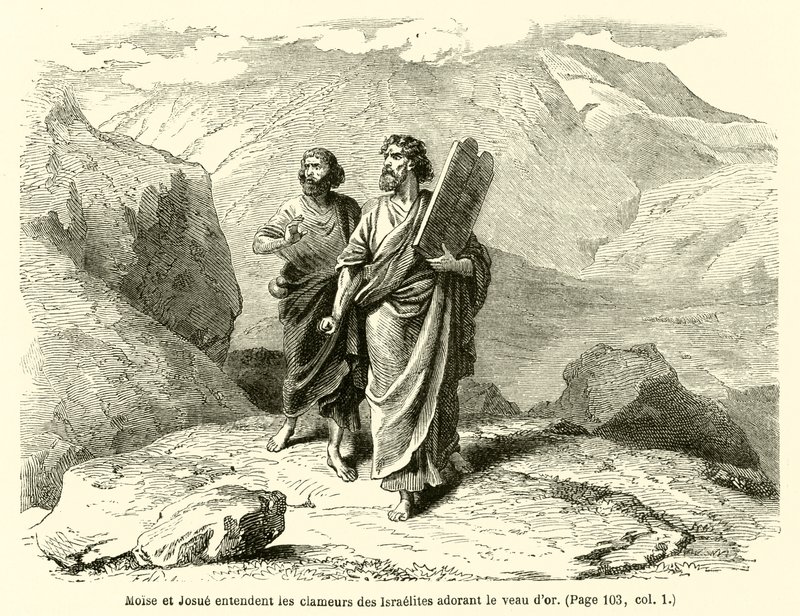 Moses og Josva hører israelitternes skrig, der tilbeder guldkalven (gravering) af French School