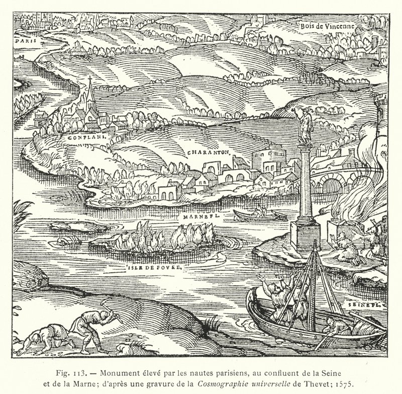 Monument opført af parisiske sømænd ved sammenløbet af Seinen og Marne; efter en indgravering af Thevets universelle kosmografi; 1575 (gravering) af French School