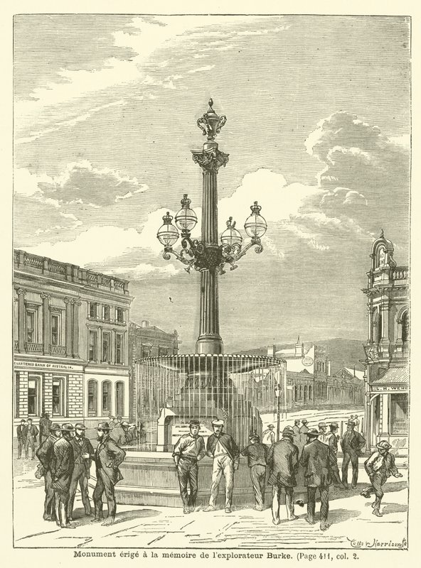 Monument rejst til minde om opdagelsesrejsende Burke (gravering) af French School