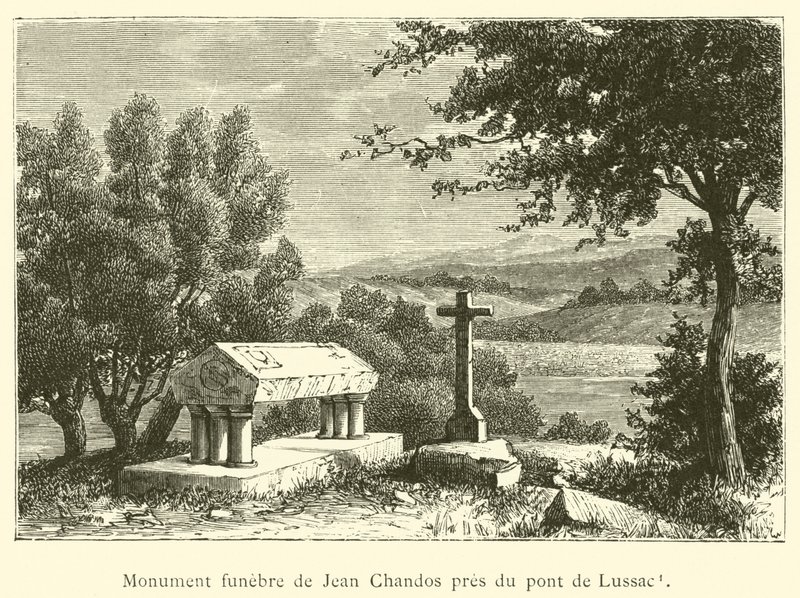 Begravelsesmonument af Jean Chandos nær Lussac-broen (gravering) af French School
