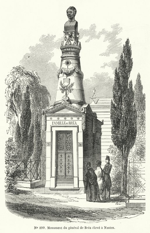 Monument i Nantes til den franske general Jean Baptiste Fidele Brea, henrettet af revolutionære under junidagens opstand i Paris i 1848 (gravering) af French School