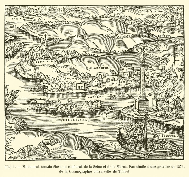 Romersk monument opført ved sammenløbet af Seinen og Marne, faksimile af en gravering fra 1575, fra Cosmographie universelle af Thevet af French School
