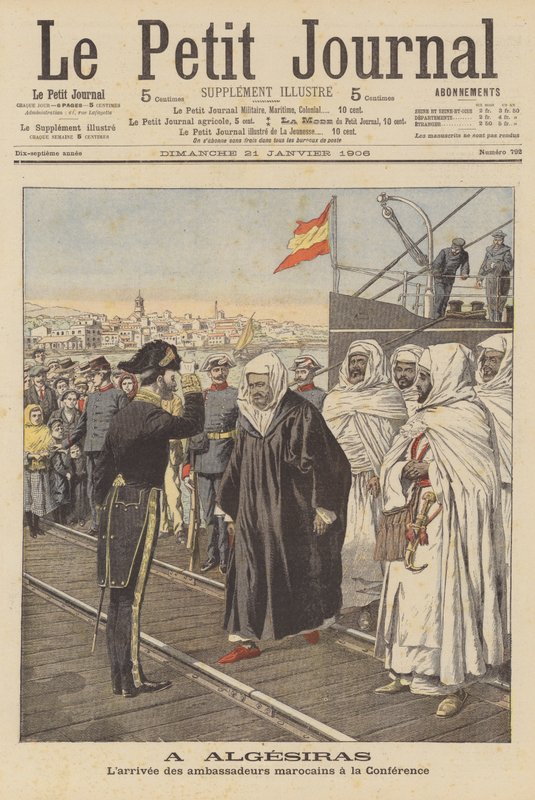 Marokkanske ambassadører ankommer til Algeciras-konferencen i Spanien (farve litho) af French School