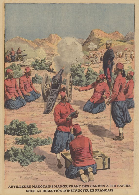 Marokkanske artillerister affyrer hurtige kanoner under vejledning af franske militærinstruktører (farve litho) af French School