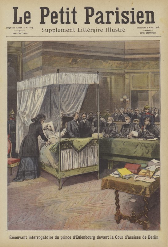 Bevægende vidneudsagn fra prinsen af Eulenburg i retten i Berlin (farve litho) af French School