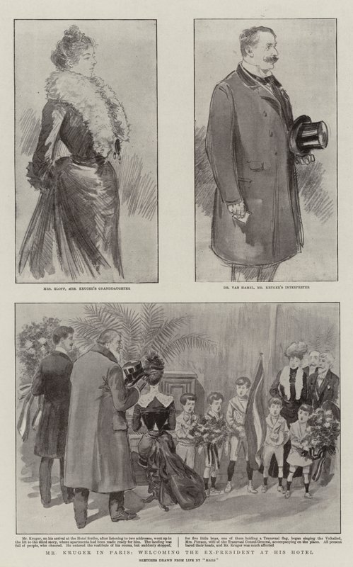 Kruger i Paris, byder den tidligere præsident velkommen på hans hotel (litho) af French School