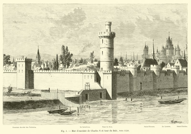 Omgivende mur af Charles V og Bois-tårnet, omkring 1450 af French School