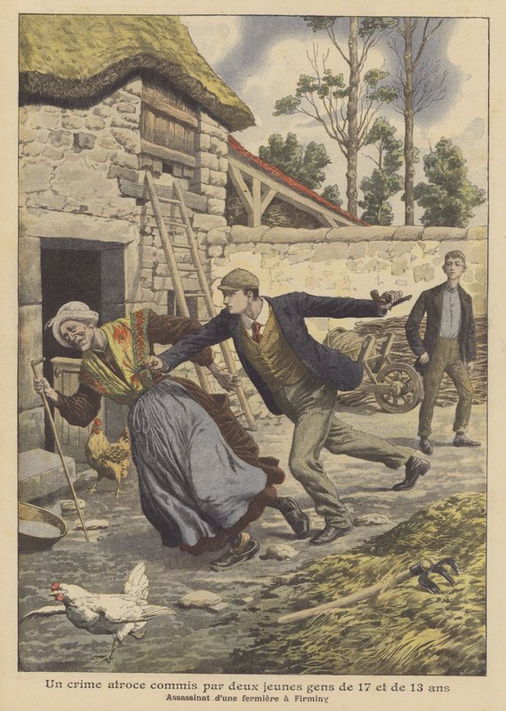 Drab på en landmand af to unge på 17 og 13 år i Firminy, Frankrig (farve litho) af French School