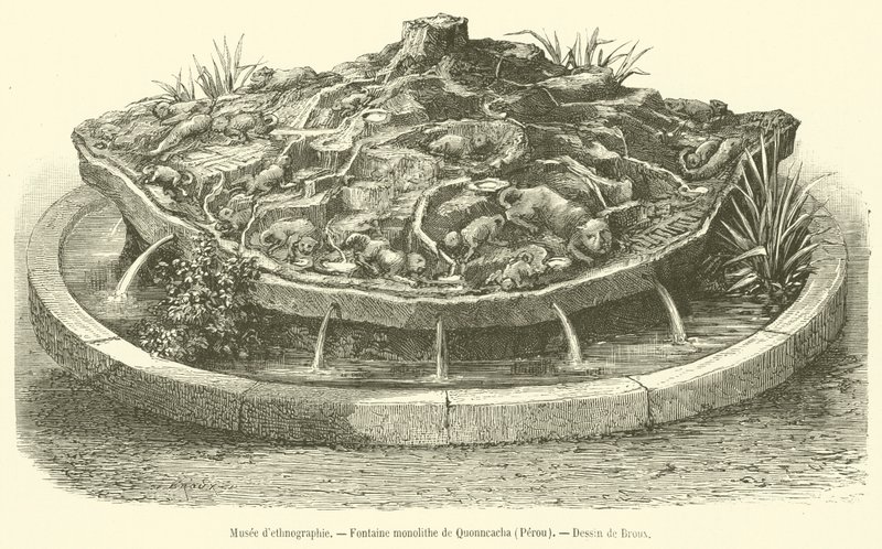 Etnografisk museum, Quonncacha Monolith Fountain, Peru (gravering) af French School