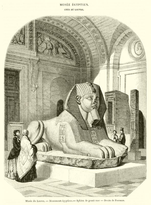 Louvre-museet, egyptiske monumenter, lyserød granitsfinks (gravering) af French School