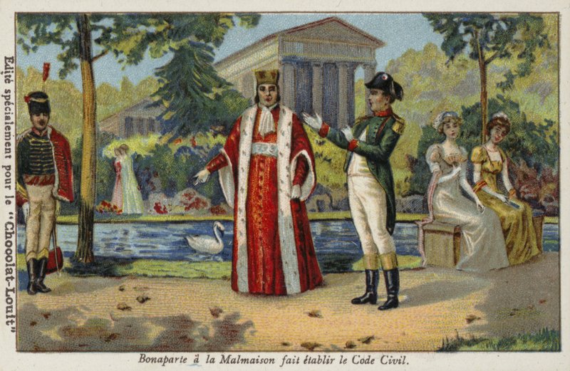 Napoleon Bonaparte etablerer Napoleon-koden ved Chateau de Malmaison, Frankrig, 1804 af French School