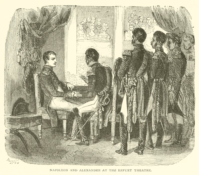 Napoleon og Alexander ved Erfurt Theatre (gravering) af French School