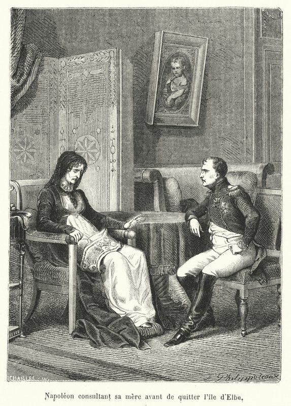 Napoleon konsulterer sin mor inden han forlader øen Elba (gravering) af French School