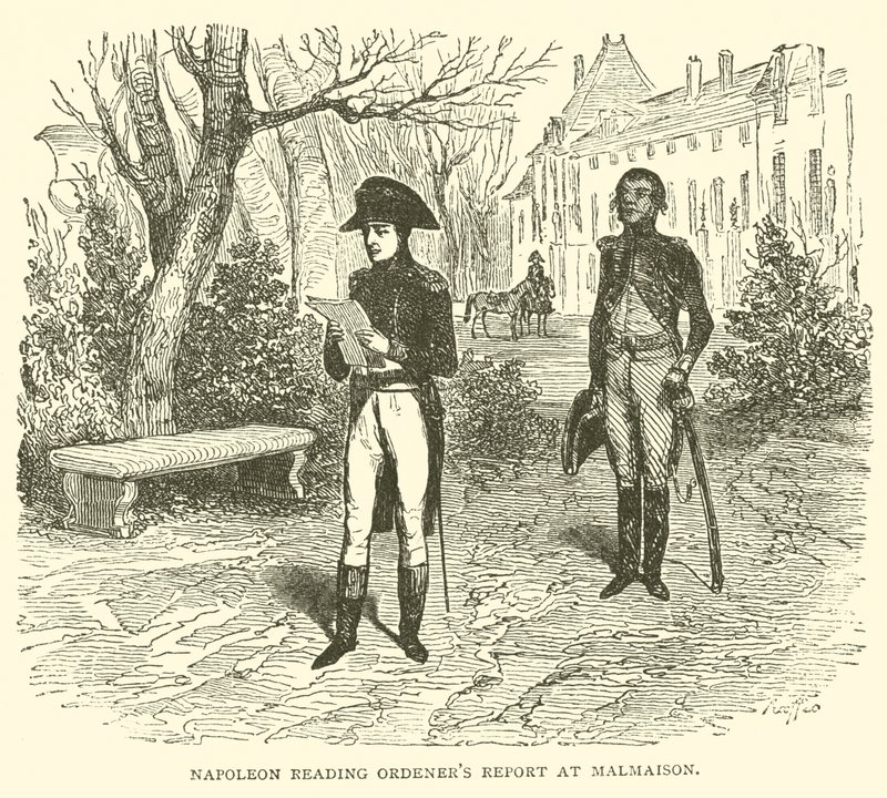 Napoleon læser ordeners rapport ved Malmaison (gravering) af French School