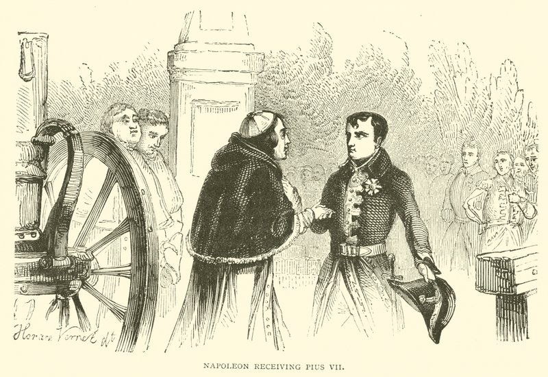 Napoleon modtager Pius VII (gravering) af French School
