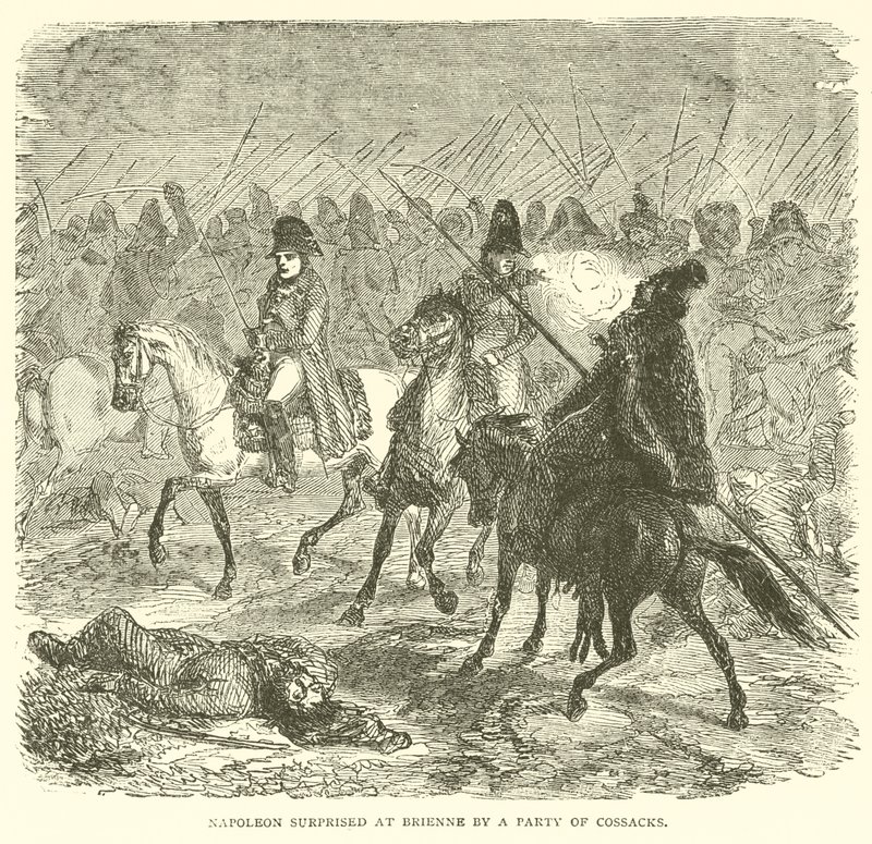Napoleon overraskede Brienne af et parti kosakker (gravering) af French School