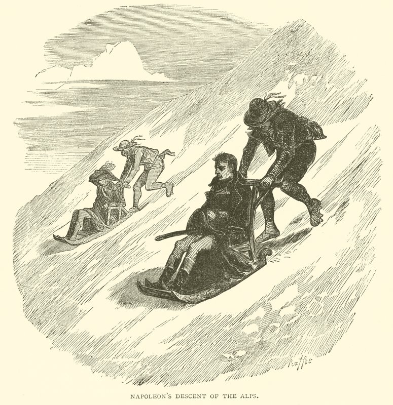 Napoleons nedstigning af alperne (gravering) af French School