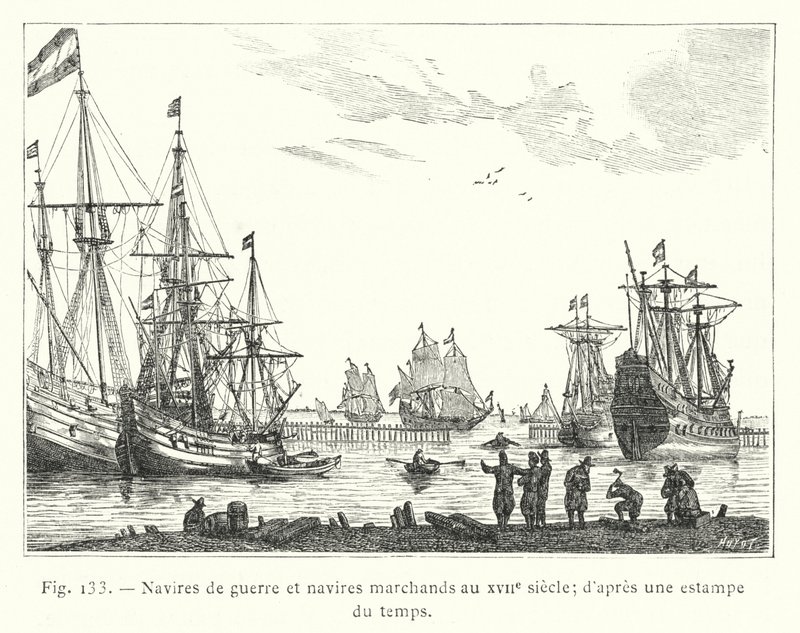 Krigsskibe og handelsskibe i det 17. århundrede; fra et tidstryk (gravering) af French School