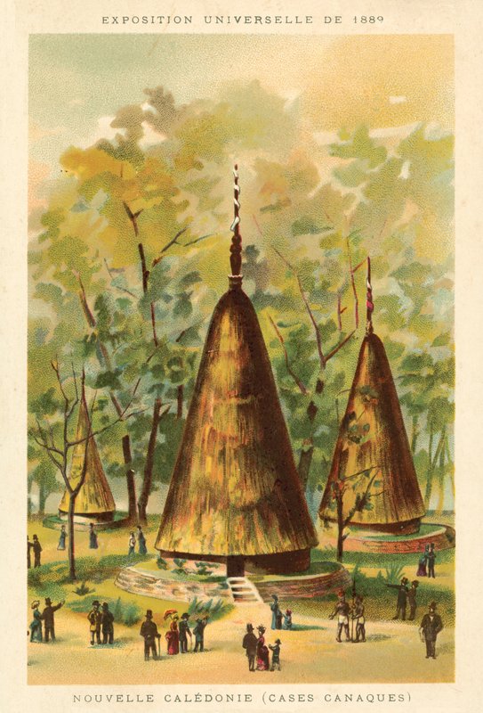 Ny Kaledonien (Kanak-hytter), Exposition Universelle 1889, Paris (chromolitho) af French School