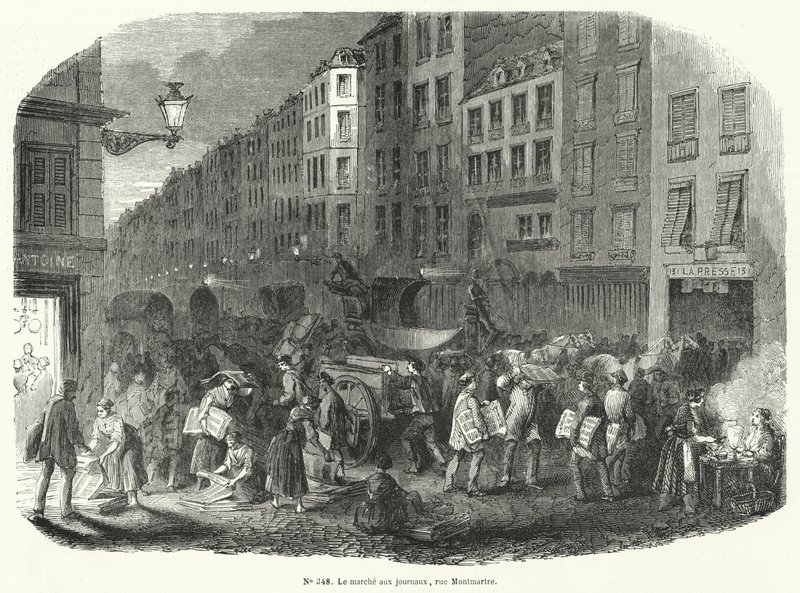 Avismarked, Rue Montmartre, Paris (gravering) af French School
