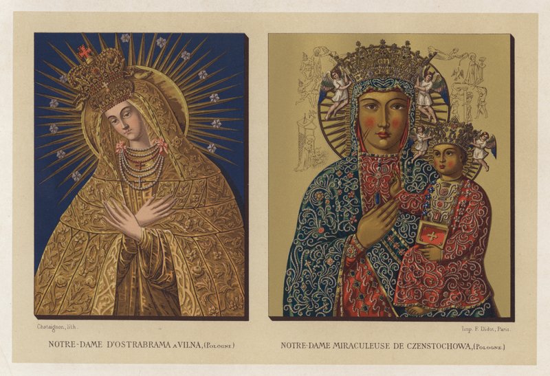 Vor Frue af Ostrabrama i Vilna, Polen; Our Lady Miraculous of Czenstochowa, Polen (chromolitho) af French School