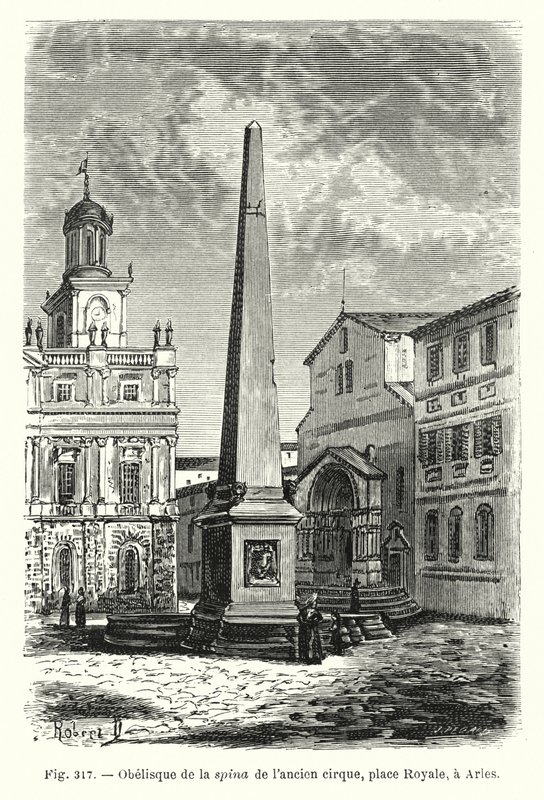 Obelisk af rygraden i det gamle cirkus, Place Royale, i Arles (gravering) af French School