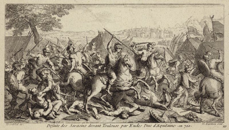 Odo, hertug af Aquitaine, besejrer umayyaderne i slaget ved Toulouse, 721 (gravering) af French School