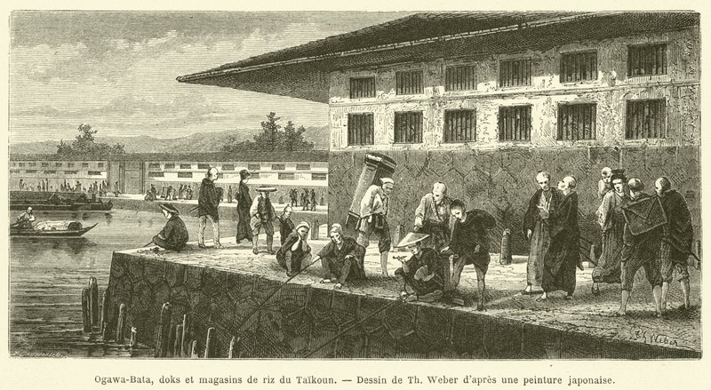 Ogawa-Bata, dok og risbutikker i Taikoun (gravering) af French School