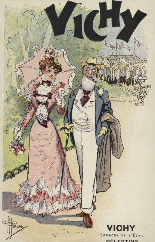 Gammel mand og ung pige går, reklame for Vichy af French School