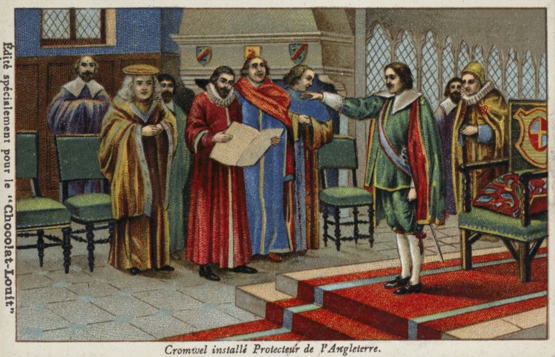 Oliver Cromwell udnævnt til Lord Protector of the Commonwealth, 1653 af French School