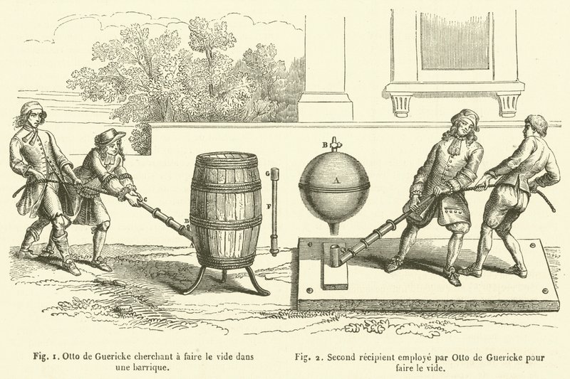 Otto de Guericke søger at skabe et vakuum i en tønde, Anden modtager ansat af Otto de Guericke til at skabe et vakuum (gravering) af French School