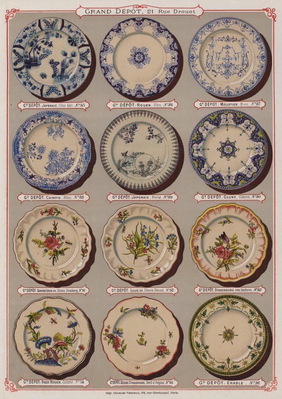 Side fra kataloget over Grand Depot de Porcelaines, Faiences et Verreries (farve litho) af French School