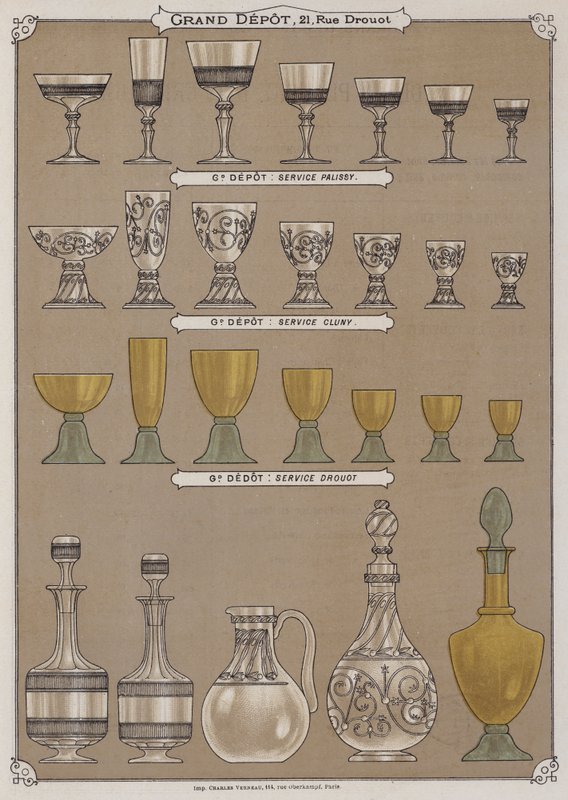 Side fra kataloget over Grand Depot de Porcelaines, Faiences et Verreries (farve litho) af French School