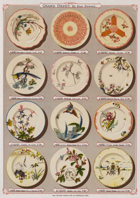 Side fra kataloget over Grand Depot de Porcelaines, Faiences et Verreries (farve litho) af French School