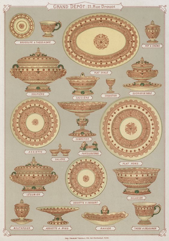 Side fra kataloget over Grand Depot de Porcelaines, Faiences et Verreries (farve litho) af French School