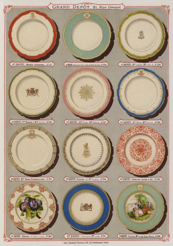 Side fra kataloget over Grand Depot de Porcelaines, Faiences et Verreries (farve litho) af French School
