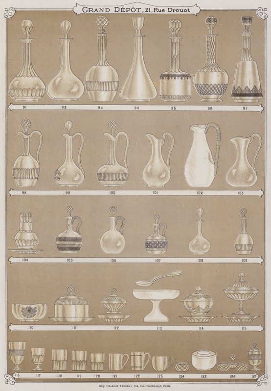 Side fra kataloget over Grand Depot de Porcelaines, Faiences et Verreries (farve litho) af French School
