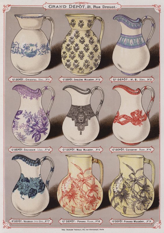 Side fra kataloget over Grand Depot de Porcelaines, Faiences et Verreries (farve litho) af French School