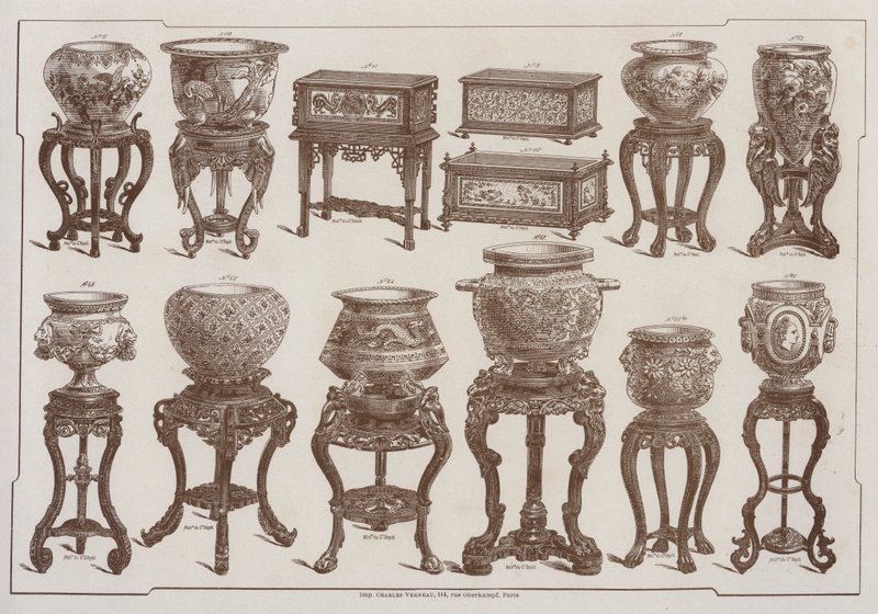 Side fra kataloget over Grand Depot de Porcelaines, Faiences et Verreries (farve litho) af French School