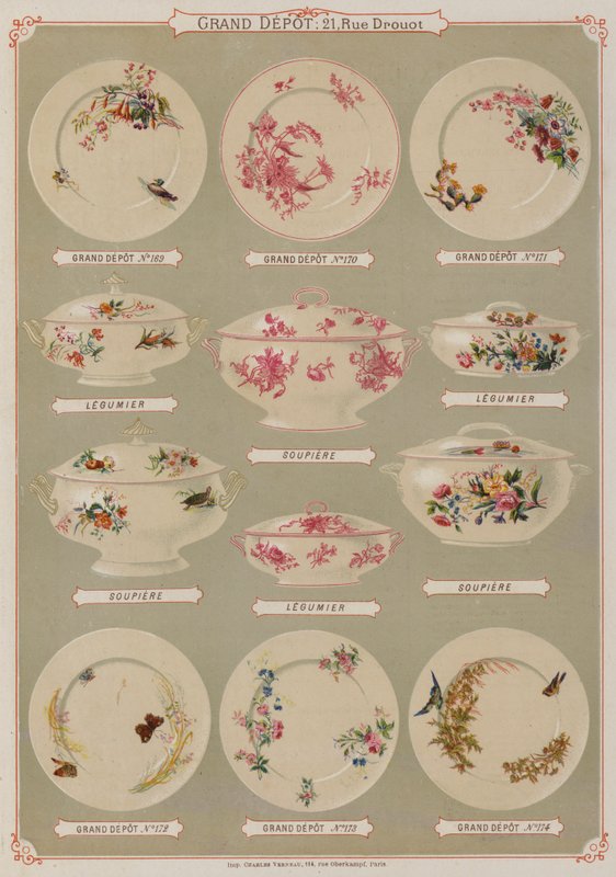 Side fra kataloget over Grand Depot de Porcelaines, Faiences et Verreries (farve litho) af French School