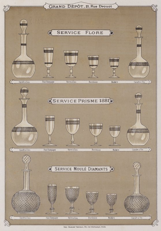 Side fra kataloget over Grand Depot de Porcelaines, Faiences et Verreries (farve litho) af French School