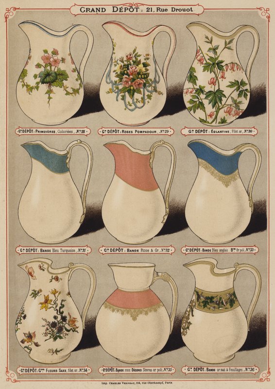 Side fra kataloget over Grand Depot de Porcelaines, Faiences et Verreries (farve litho) af French School
