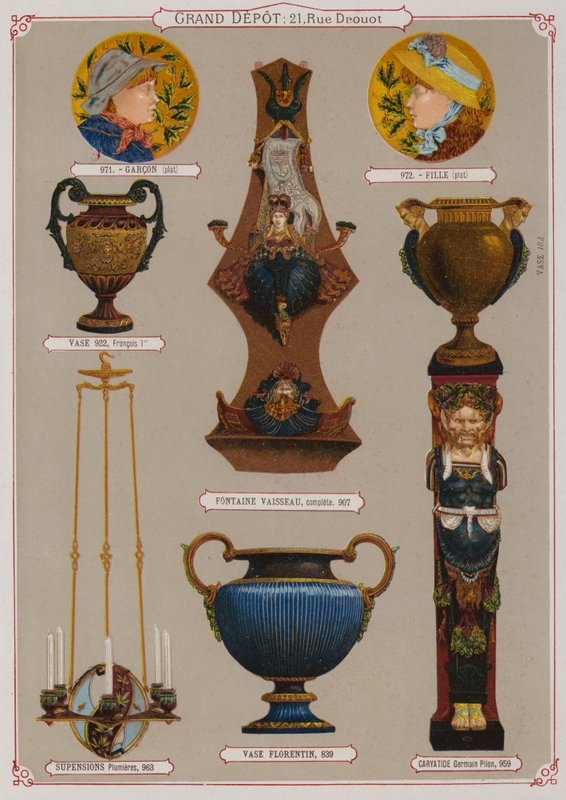 Side fra kataloget over Grand Depot de Porcelaines, Faiences et Verreries (farve litho) af French School