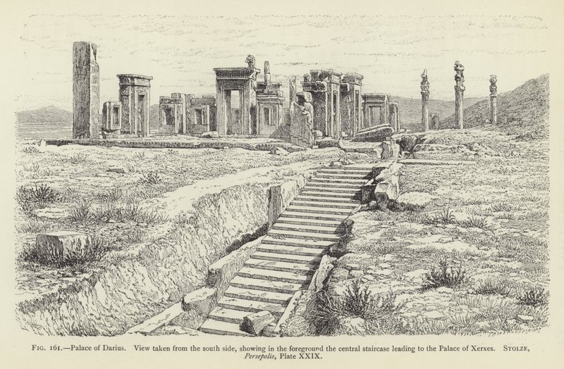 Darius-paladset, udsigt taget fra sydsiden, der i forgrunden viser den centrale trappe, der fører til Xerxes-paladset af French School