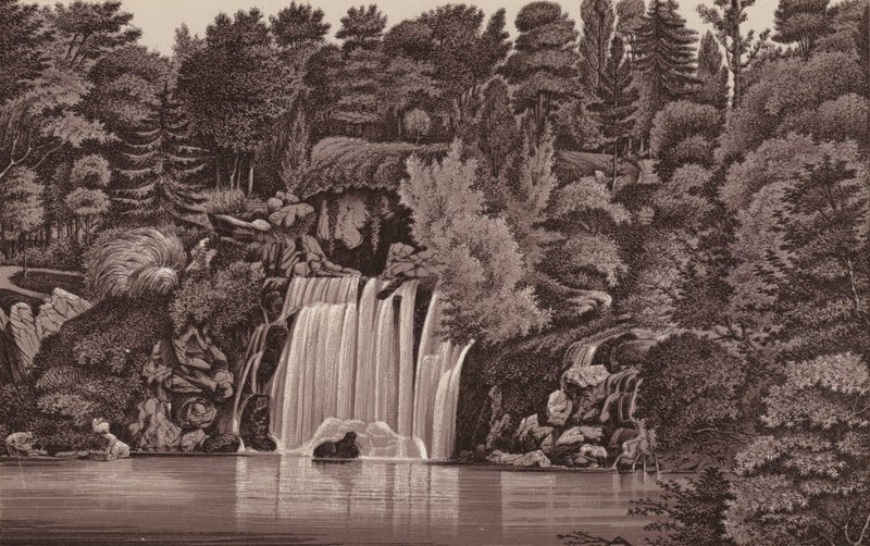 Paris: Bois de Boulogne vandfald (litho) af French School
