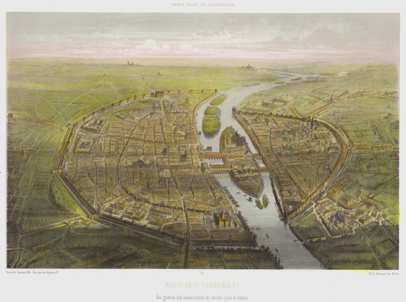 Paris Under Francois 1st, Generelt set fra fugleperspektiv fra gamle planer og tegninger (farve litho) af French School