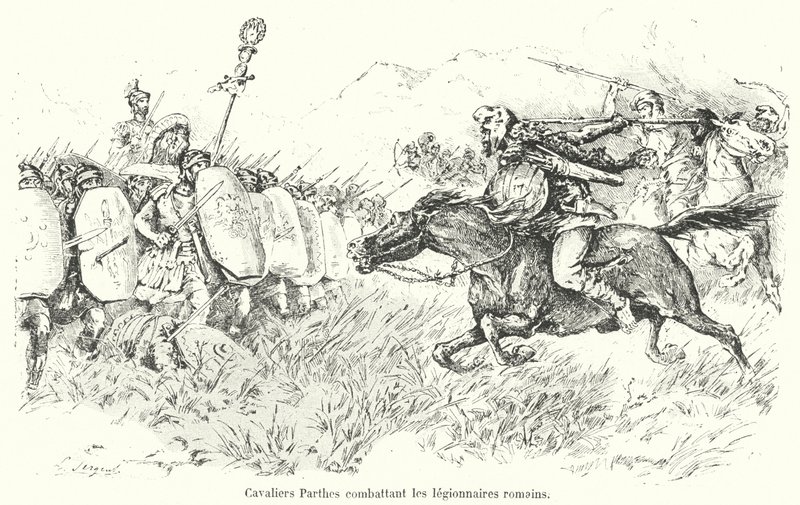 Parthisk kavaleri angriber romerske legionærer (gravering) af French School