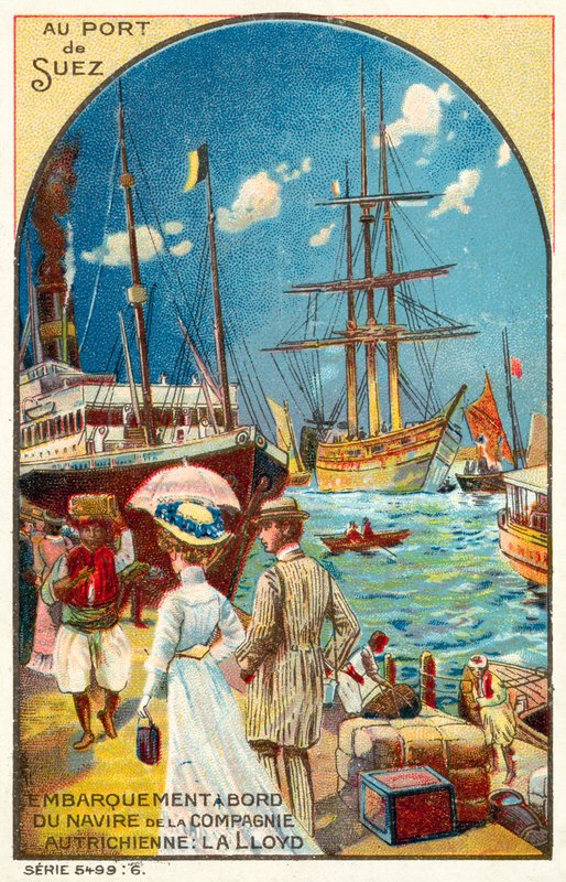 Passagerer, der går ombord på et skib af den østrigske Lloyd-linje i havnen i Suez, Egypten (chromolitho) af French School