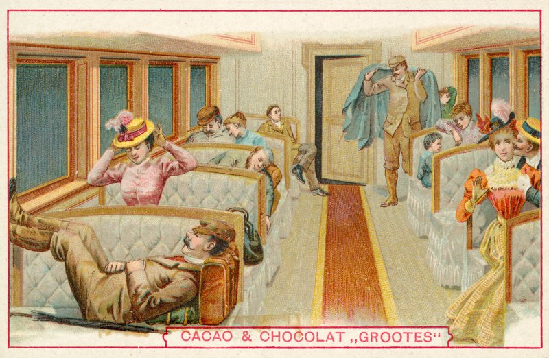 Passagerer i en jernbanevogn (chromolitho) af French School